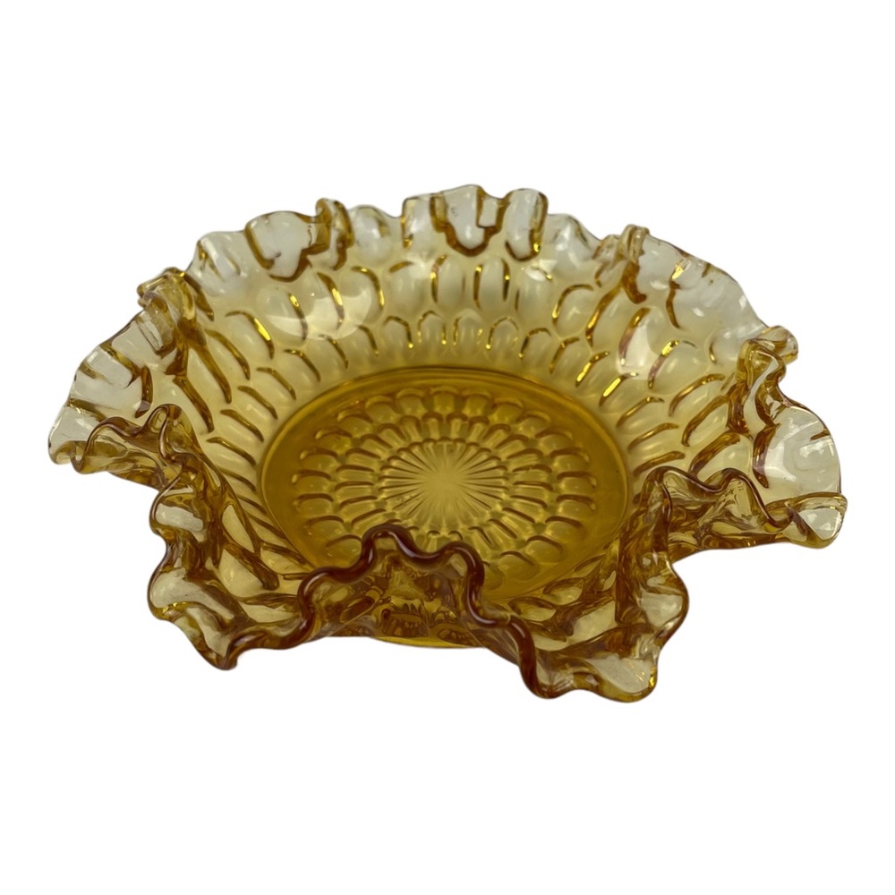 Vintage Amber Thumbprint Crimped Ruffled Glass Bowl Mid Century Modern Dish